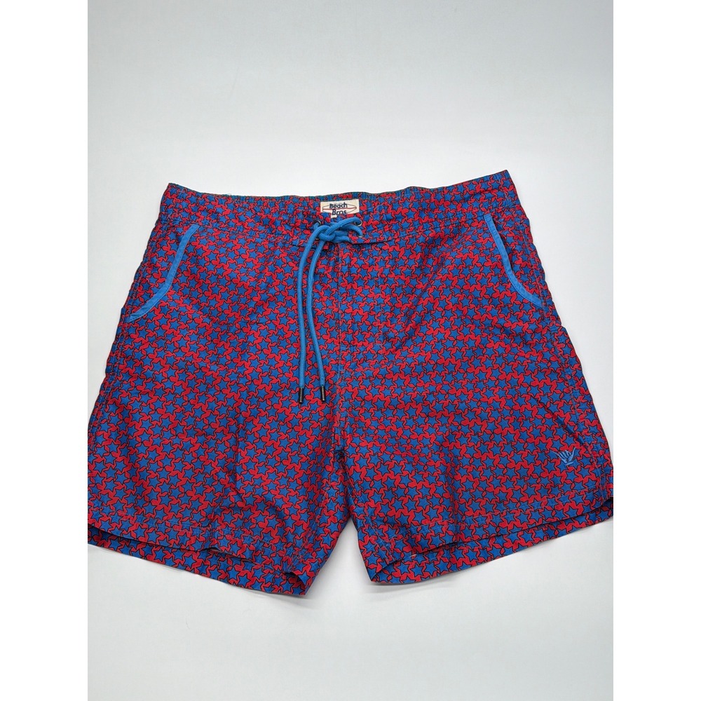 Beach Bros Mens Red Blue Star Print Swim Trunks Mesh Drawstring Size Medium